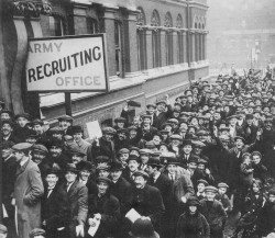 Englishmen lining up to enlist.