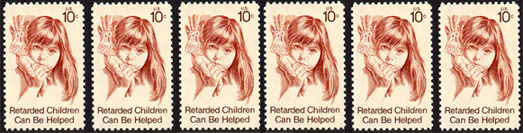 Strip of 1974 stamps dedicated to "retarded" children