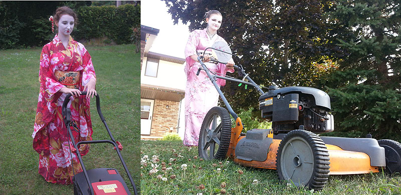 GISHWHES Geisha moving the lawn