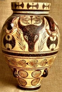 Reproduction of Minoan vase with labrys and bull