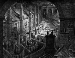Crowded tenement homes and backyards in the 19th century..